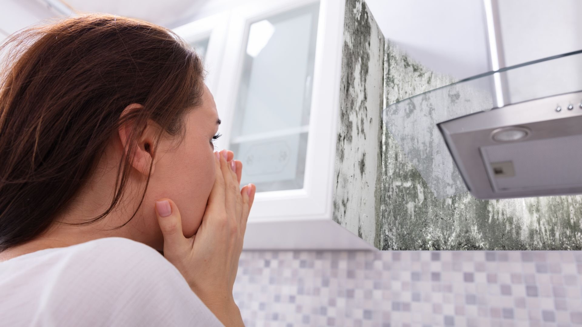 Person shocked by extensive mold growth on bathroom wall