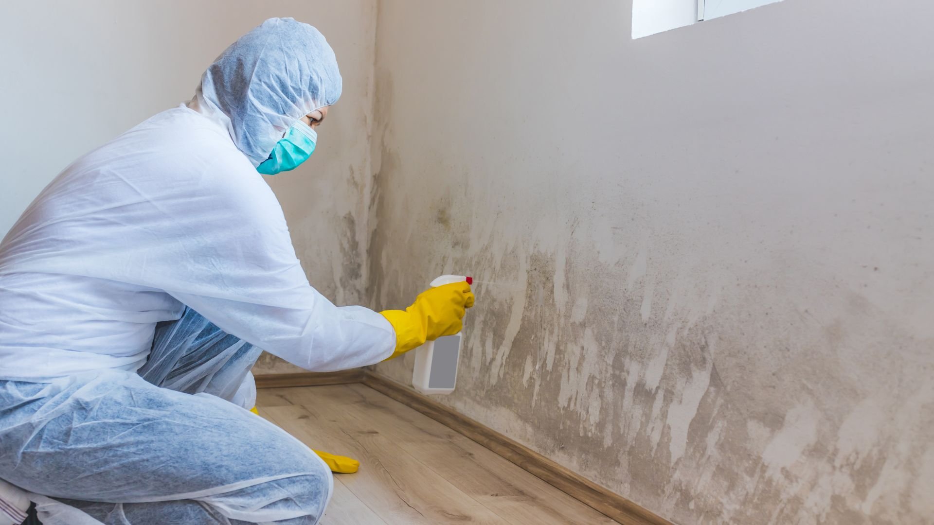 Person in protective gear treating mold on wall with spray bottle
